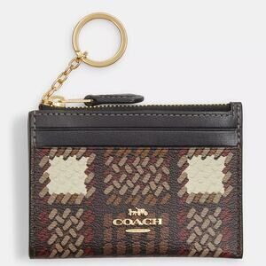 Coach NEW Skinny ID Card Case ~ Brushed Plaid Brown & Gold PVC Mini Wallet CN018
